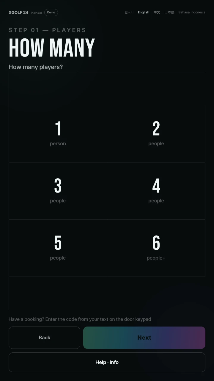 XGOLF24 kiosk UI · example data