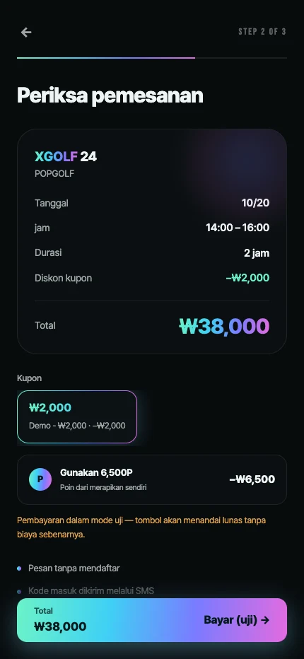 UI pembayaran XGOLF24 · data contoh