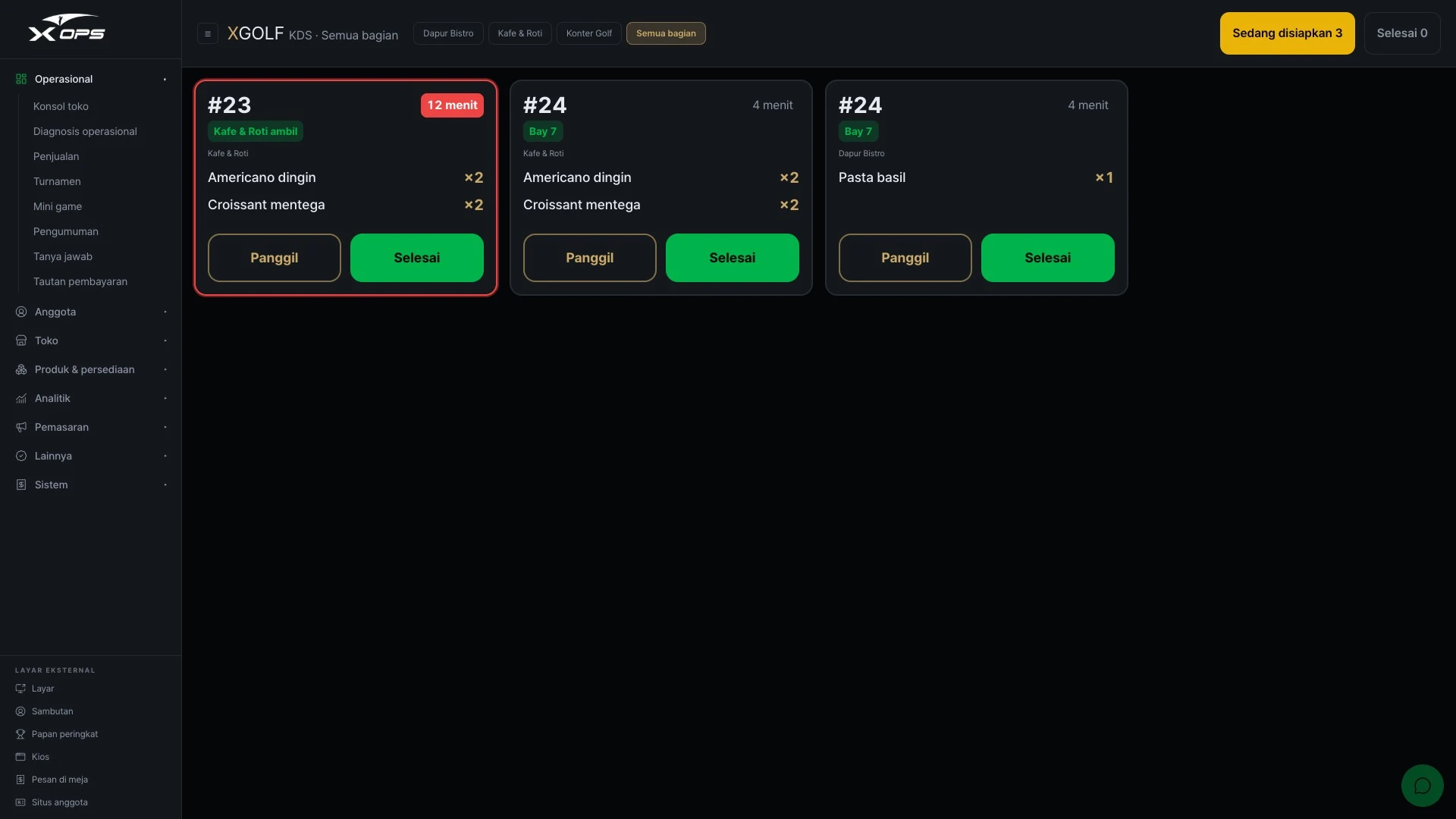X-OPS pesanan dapur · pratinjau UI terjemahan · data contoh