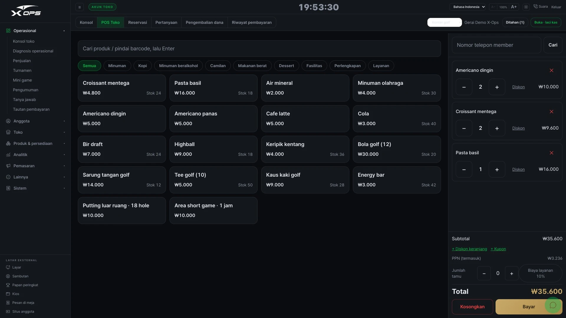 X-OPS POS gerai · pratinjau UI terjemahan · data contoh