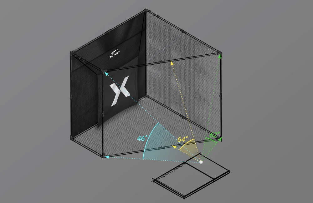 Diagram perspektif resmi yang menampilkan rangka diagonal X-NET dan sudut pukulan